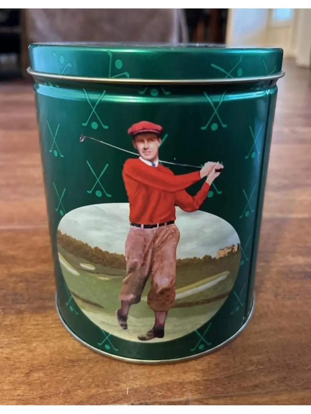 Vintage Green Metal Golf-Themed Storage Tin Canister